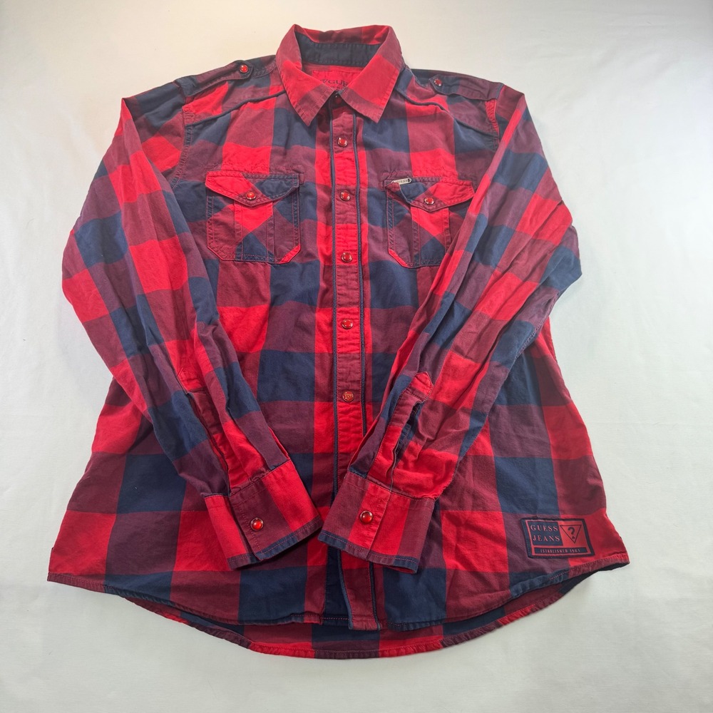 Guess Jeans Shirt Mens Medium Red Navy Buffalo Plaid Long Sleeve‎ Button Down M